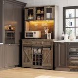 IDEALHOUSE 72" Modern Farmhouse Coffee Bar Cabinet with LED Lights & Power Outlets, Sliding Barn Doors, Rustic Gray Kitchen Buffet with Wine Storage, Ample Storage for Home Bar, Microwave IDEALHOUSE