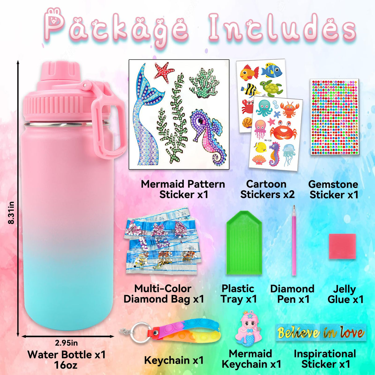 7july Decorate Your Own Water Bottle Kits for Girls Age 4-6-8-10 (Stainless Steel),Mermaid Themed Painting Crafts,Fun Arts and Crafts Gifts Toys for Girls Birthday Christmas 7july
