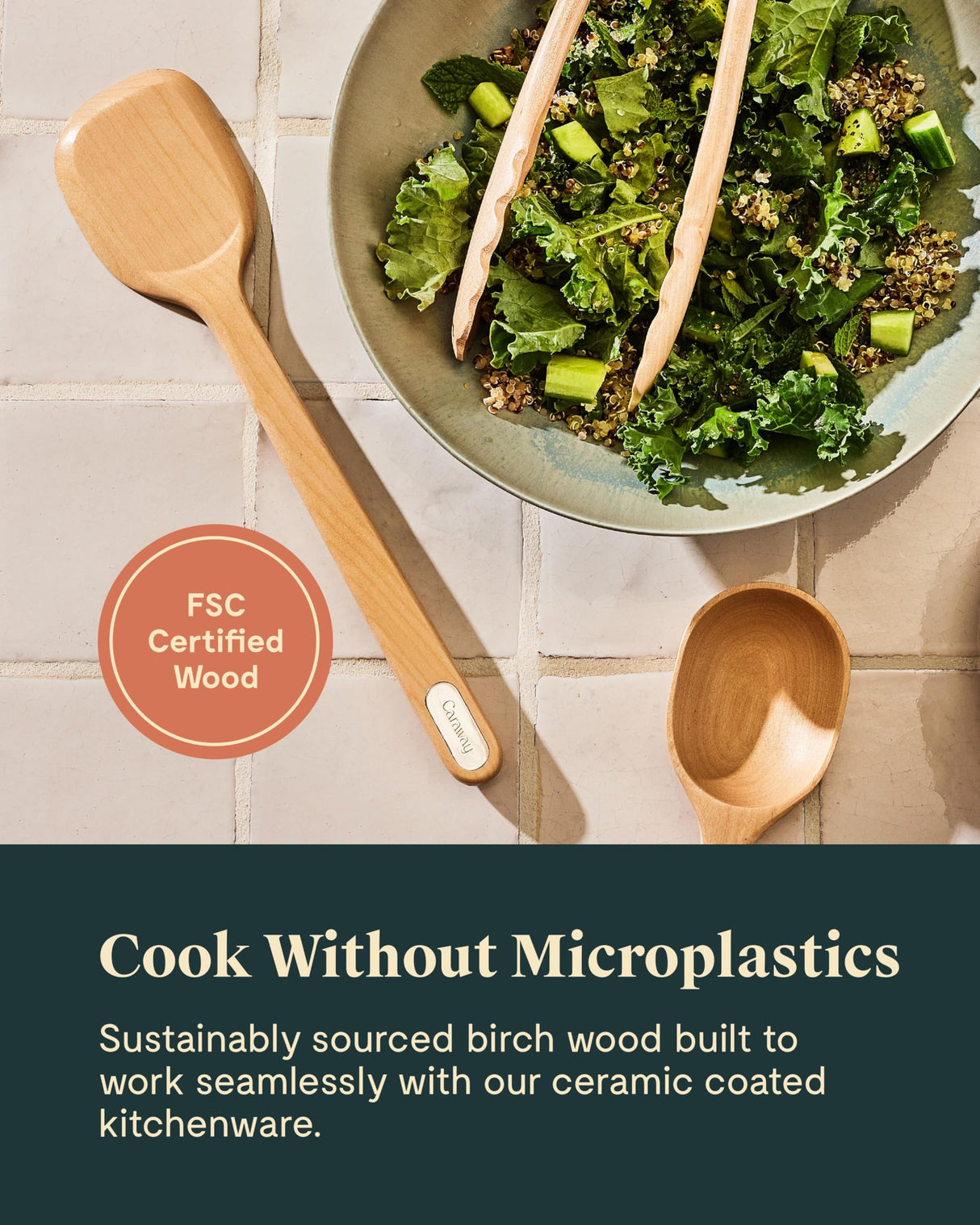 Caraway Wooden Utensil Set - 5 Piece Cooking Utensil Set - Spoon, Server, Scraper, Spatula, & Tongs - Made From FSC-Certified Birch Wood - No Microplastics Caraway