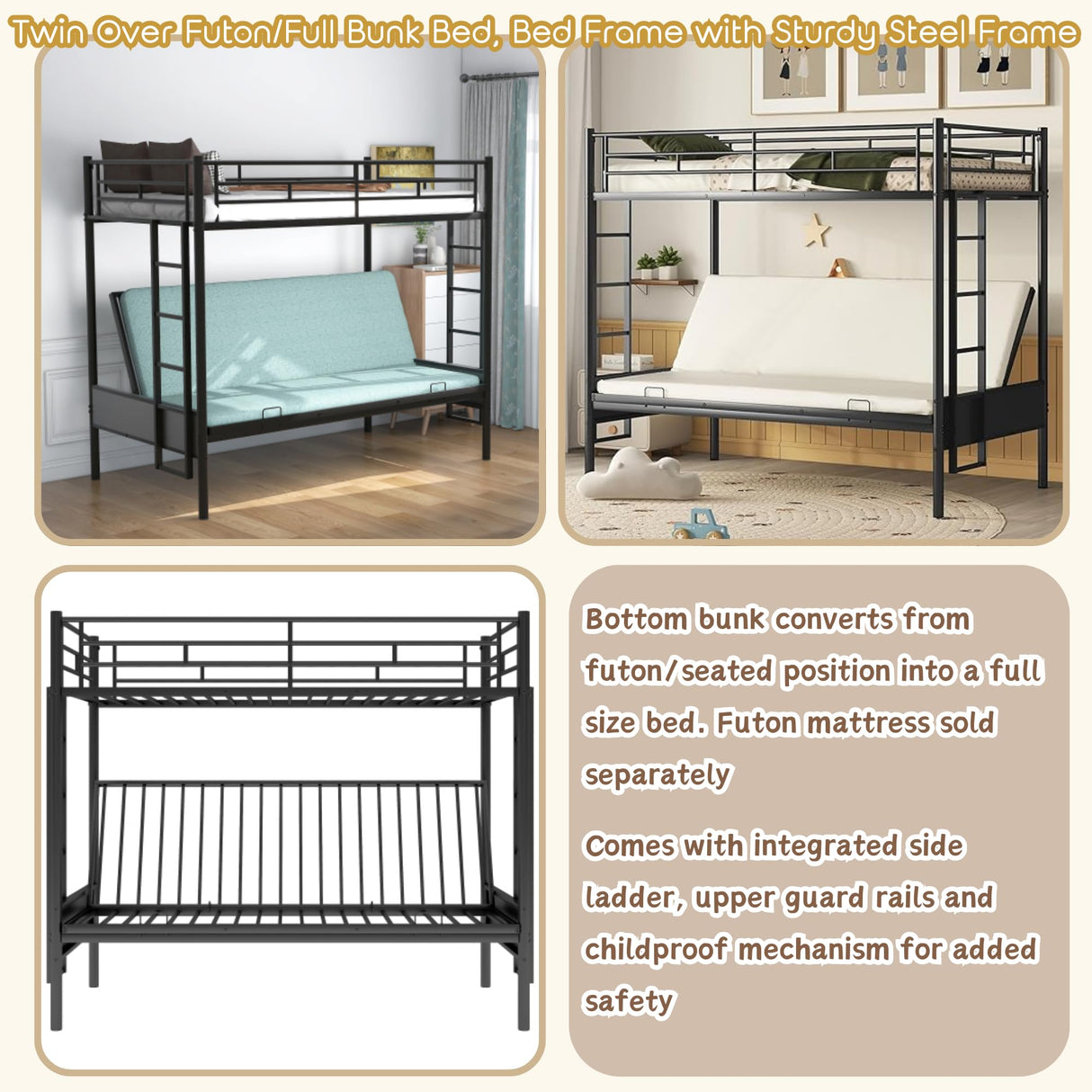 Twin Over Futon/Full Bunk Bed, Bed Frame with Sturdy Steel Frame, Convertible Metal Bunk Bed Couch and Bed with Guard Rail Ladder for Kids Adults Teens,Black Bellemave