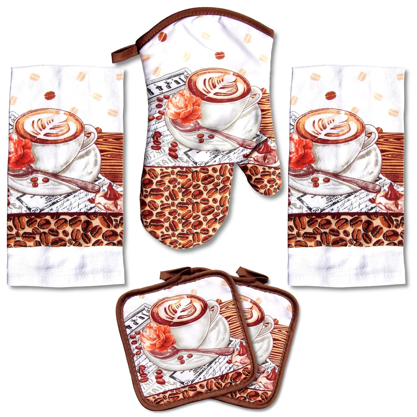 Lobyn Value Packs: 5-Piece Café Latte Kitchen Towel Set – Quilted Oven Mitt & 2 Potholders, Perfect for Coffee Lovers