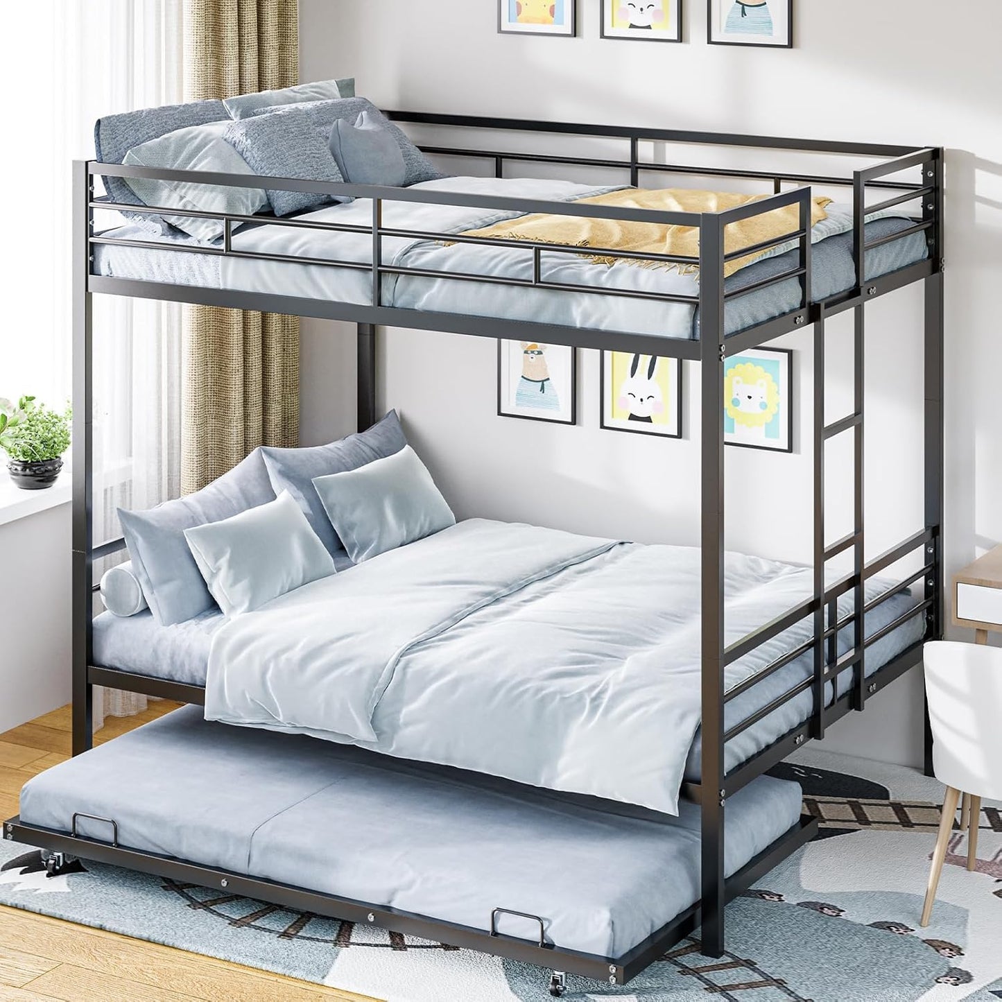 UOCFYK Queen Over Queen Bunk Bed with Trundle, Heavy-Duty Metal Bunkbed with Ladders & Full-Guardrail for Kids/Teen/Adults, Noise-Free Wood Slats, Space Saving, No Box Spring Needed, Black