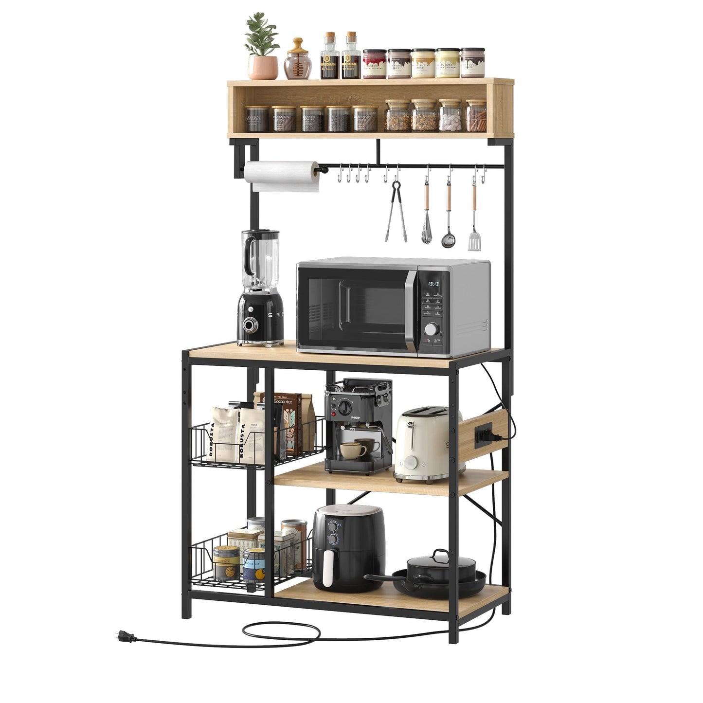 Bestier Bakers Rack with Power Outlet, 10 Hooks Coffee Bar with Wire Basket, Microwave Stand with Paper Holder, Adjustable Kitchen Storage Shelf for Spice, Pots and Pans Organizer, Oak