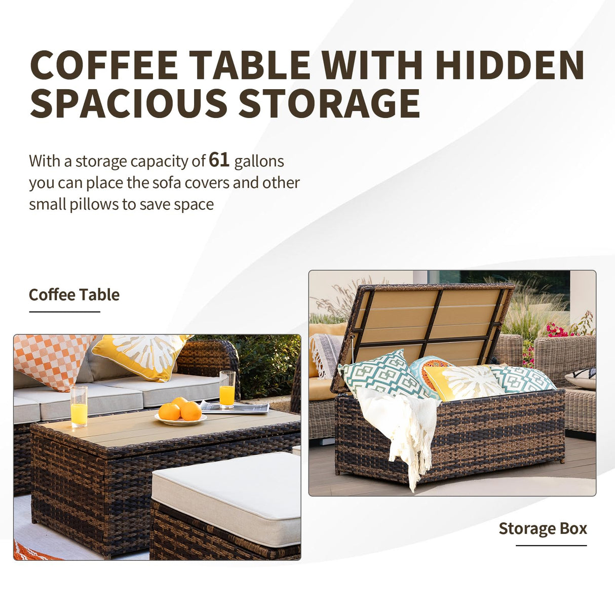 MEISSALIVVE 6 Pieces Outdoor Patio Furniture Set, Wicker Patio Conversation Set, Patio Sectional Furniture Set with 2 Swivel Rocker Patio Chair and Sofa, 2 Ottomans and Coffee Table (Brown) MEISSALIVVE