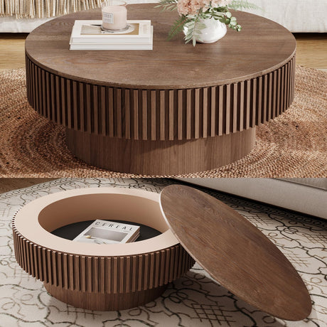 BSYEIO 31.5'' Round Coffee Table with Storage, Modern Luxury Circle Drum Center Tables with Solid Wood Veneered, Accent Side Coffee Table for Living Room, Bedroom, Apartment-Walnut BSYEIO