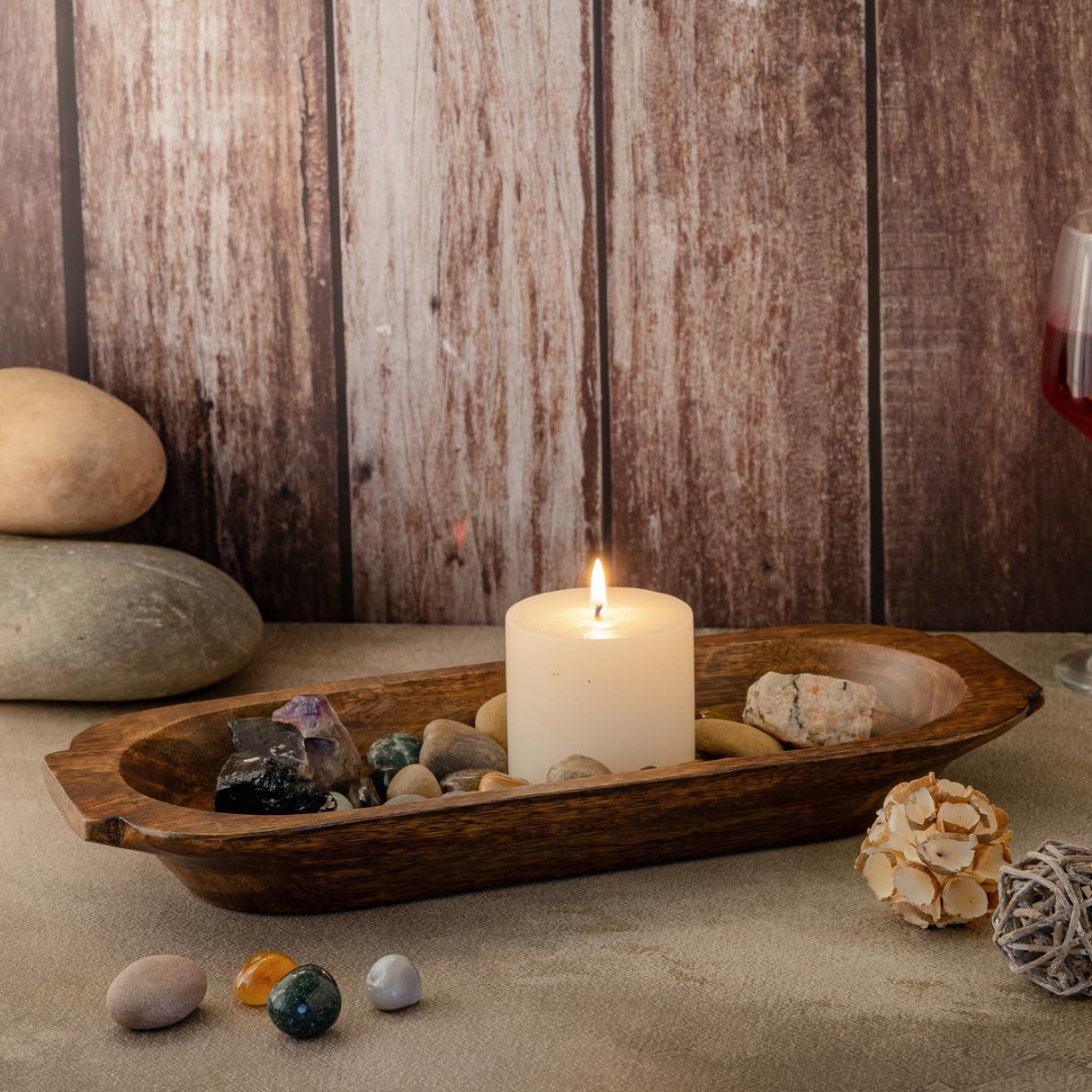 Mie Creations 16'' Large Wooden Dough Bowl for Decor, Huge Decorative Centerpiece Oval Tray Rustic Dough Bowls for Table | Mothers Day Gifts Thanksgiving Dining Christmas, Hand Turned Long Wood Bowl Mie Creations