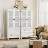 FOTOSOK Kitchen Pantry Storage Cabinet, Tall Cabinet with Rattan Doors and 2 Drawers, Freestanding Cupboard with Adjustable Shelves, Utility Pantry for Kitchen, Dining Room,White FOTOSOK