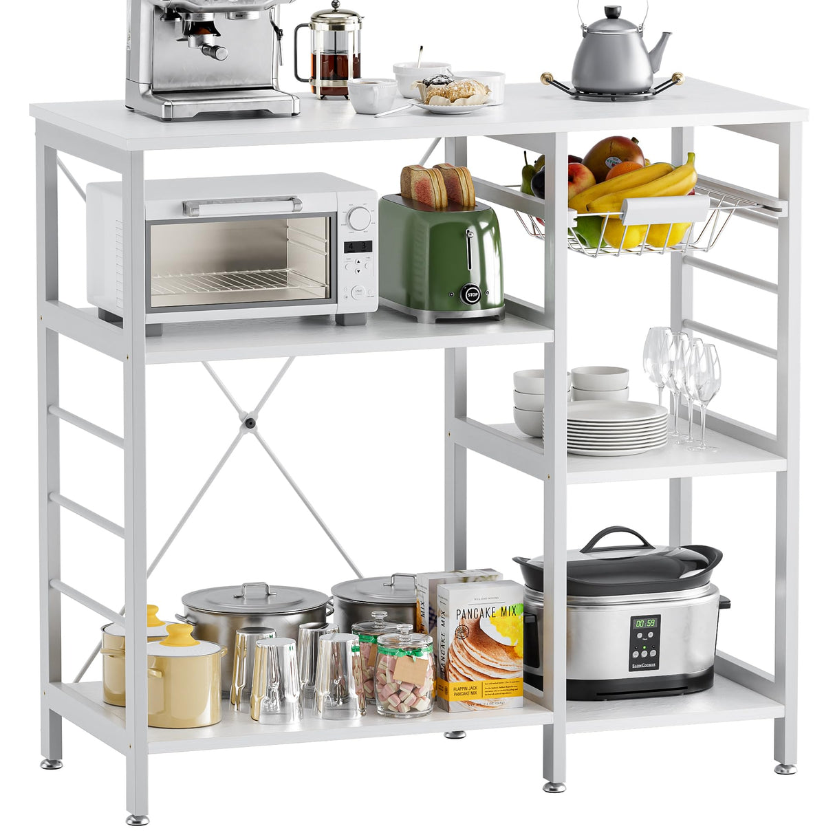 vovala Baker’s Rack, Microwave Oven Stand with Bamboo Frame, 35.43" Coffee Bar with Wire Basket & 6 Hooks, 3-Tier Kitchen Storage Shelf Stand for Kitchen, Living Room, Office, White vovala