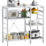 vovala Baker’s Rack, Microwave Oven Stand with Bamboo Frame, 35.43" Coffee Bar with Wire Basket & 6 Hooks, 3-Tier Kitchen Storage Shelf Stand for Kitchen, Living Room, Office, White vovala