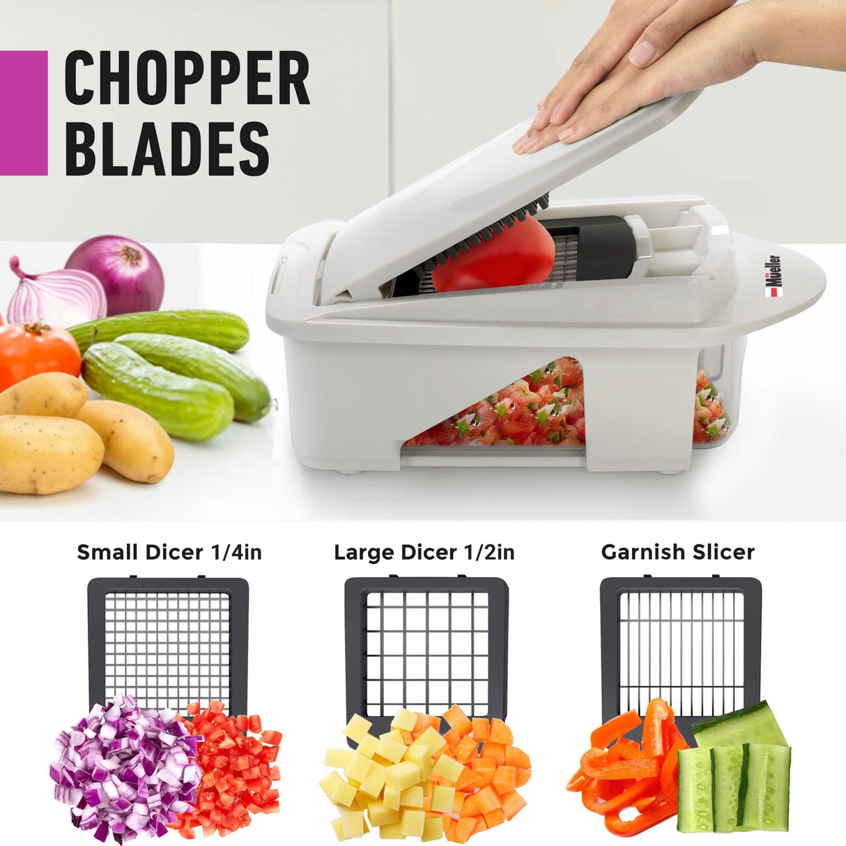 Mueller Pro-Series All-in-One, 12 Blade Mandoline Slicer for Kitchen, Food Chopper, Vegetable Slicer and Spiralizer, Cutter, Dicer, Grater, Kitchen Gadgets Sets with Container, White Sand/Gray Mueller