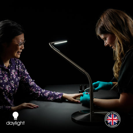 Daylight Company, LLC U35108 Slimline 3 Table Lamp-LED-80 CRI-Eye Care-4 Brightness Levels, 3,000 LUX at 30 cm, 1,065 LUMENS-4 Step DIMMER Mode, Brushed Steel, 25.6 x 30 x .8 daylight