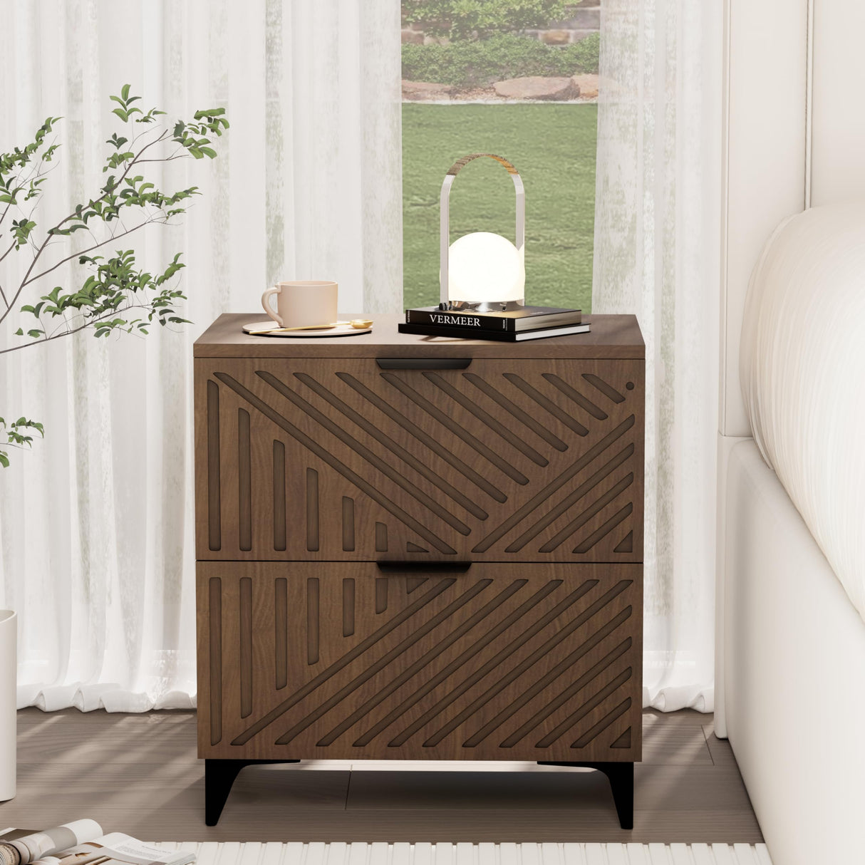 Royal Windsor Fluted Nightstand Set of 2 with 2 Drawers, Side End Table, Small Accent Storage Cabinet,Modern Night Stand Bedside Table for Bedroom, Brown Royal Windsor