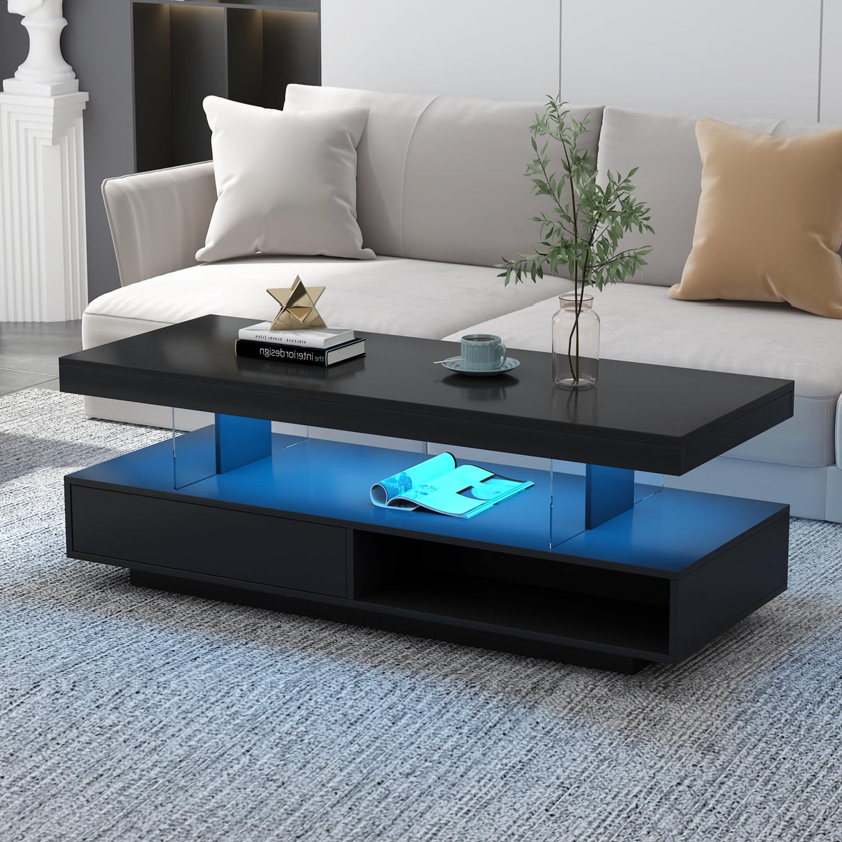 Merax Modern Center Coffee Table with 2 Storage Drawers, Display Shelves, and LED Lights, Accent Furniture for Living Room, 51.2" Length, Black Merax