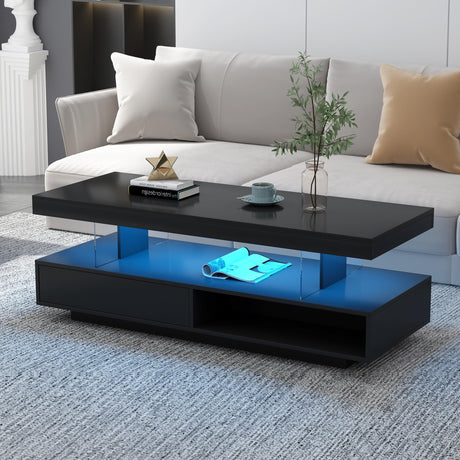Merax Modern Center Coffee Table with 2 Storage Drawers, Display Shelves, and LED Lights, Accent Furniture for Living Room, 51.2" Length, Black Merax