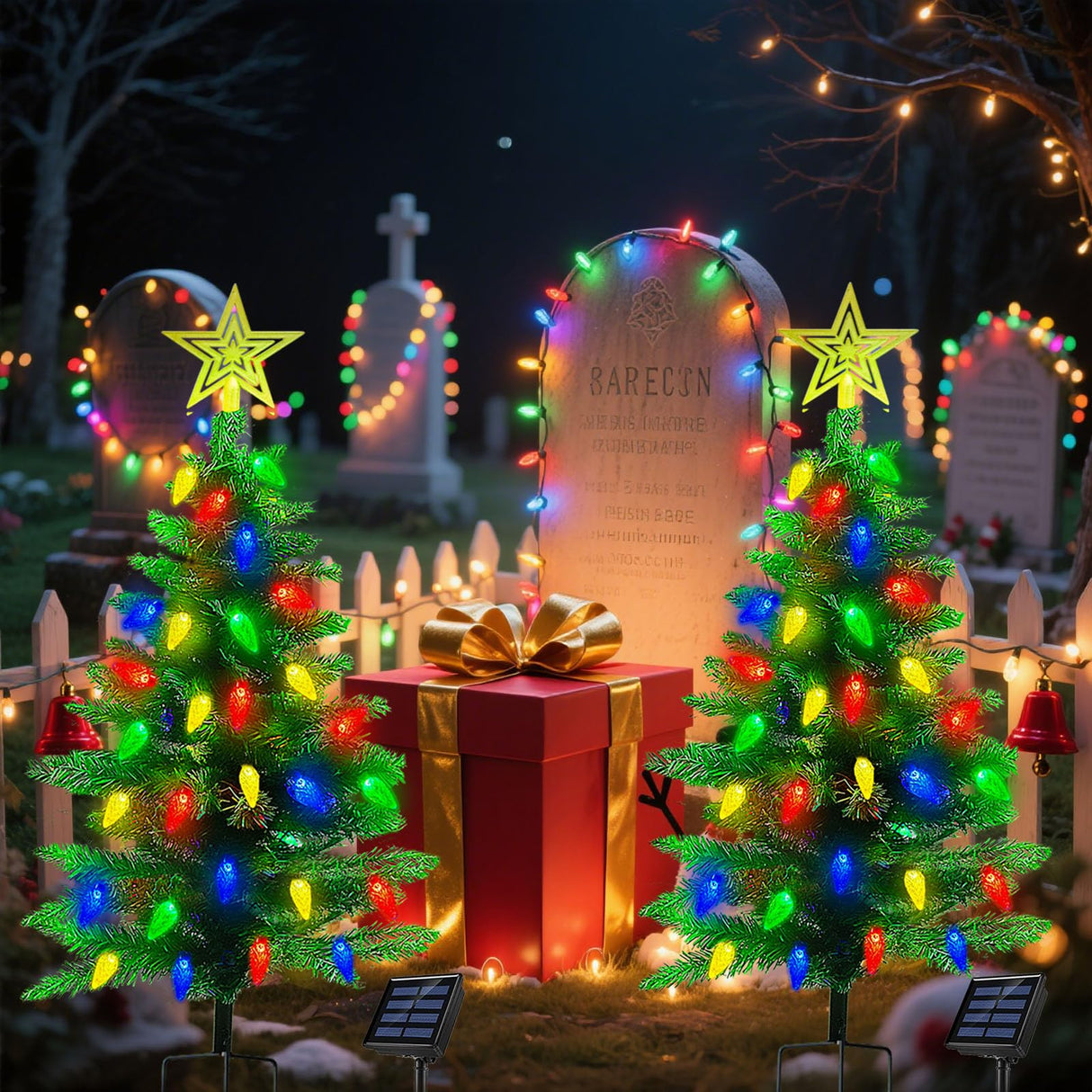 2-Pack 3.6FT Solar Christmas Tree Outdoor Christmas Decorations, 8 Modes Solar Xmas Tree Lights with 100 LED, Waterproof Solar Christmas Lights for Yard Front Porch Pathway Grave Cemetery Decor Ohwewant