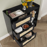 Hiwelldas Dresser Storage Cabinet with 3 Rattan Drawers & Adjustable Shelf Boho Bathroom Cabinet Large Chest of Dressers for Bedroom, Living Room, Hallway, Entryway (Black) Hiwelldas