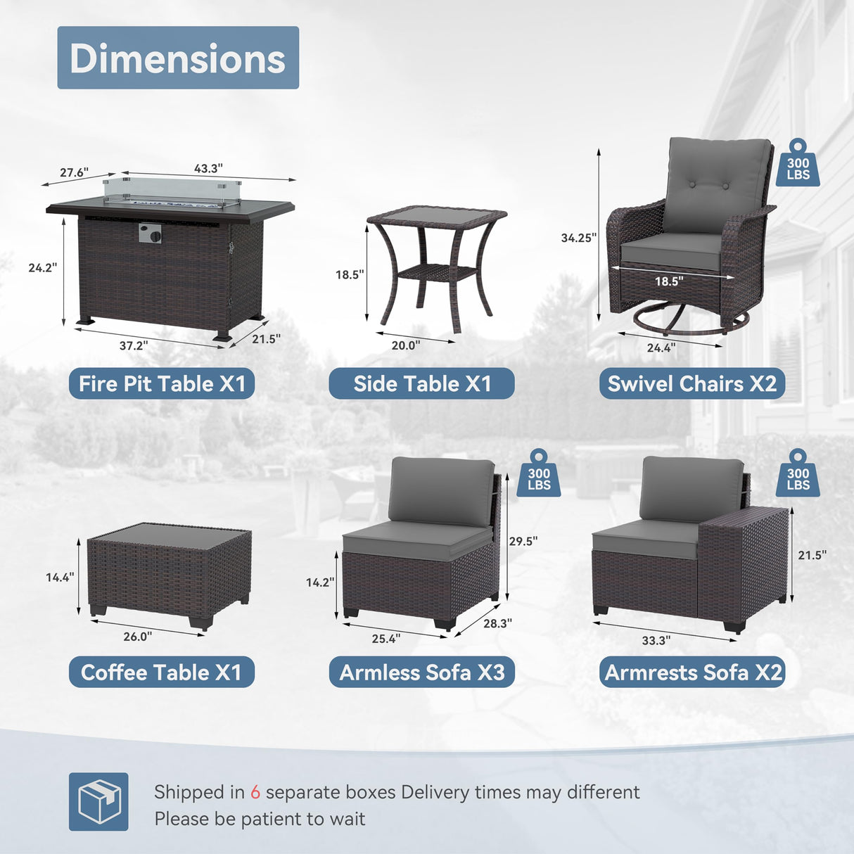 Kurapika 10 Pieces Patio Furniture Set, Rattan Wicker Outdoor Conversation Sets w/43in Propane Fire Pit Table, Swivel Rocking Chairs Patio Sectional Sofa w/4 Inch Cushion, Grey Kurapika
