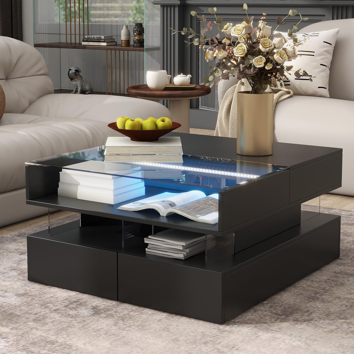 Polibi Lift-Top Coffee Table with Glass Top and High-Gloss Finish,Modern Square Coffee Table with 2 Drawers,Hidden Space and LED Lights for Living Room,Black Polibi