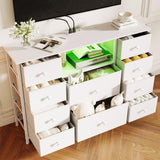 Dresser for Bedroom with 10 Drawers, White Storage Organizer TV Stand for 55" TV with LED Lights and Sockets, Fabric Chest of Drawers with PU Finish for Kid Room, Entryway, Living Room, Hallway LIWEIJIA