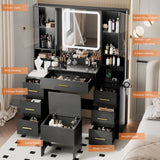 BORNOON Makeup Vanity with LARGE Lighted Mirror and Chair, 7 Drawers Vanity Makeup Desk Table with Power Strip, Adjustable Lighting, and Cushioned Storage Stool for Women, Girls, Teens, and Home Decor BORNOON