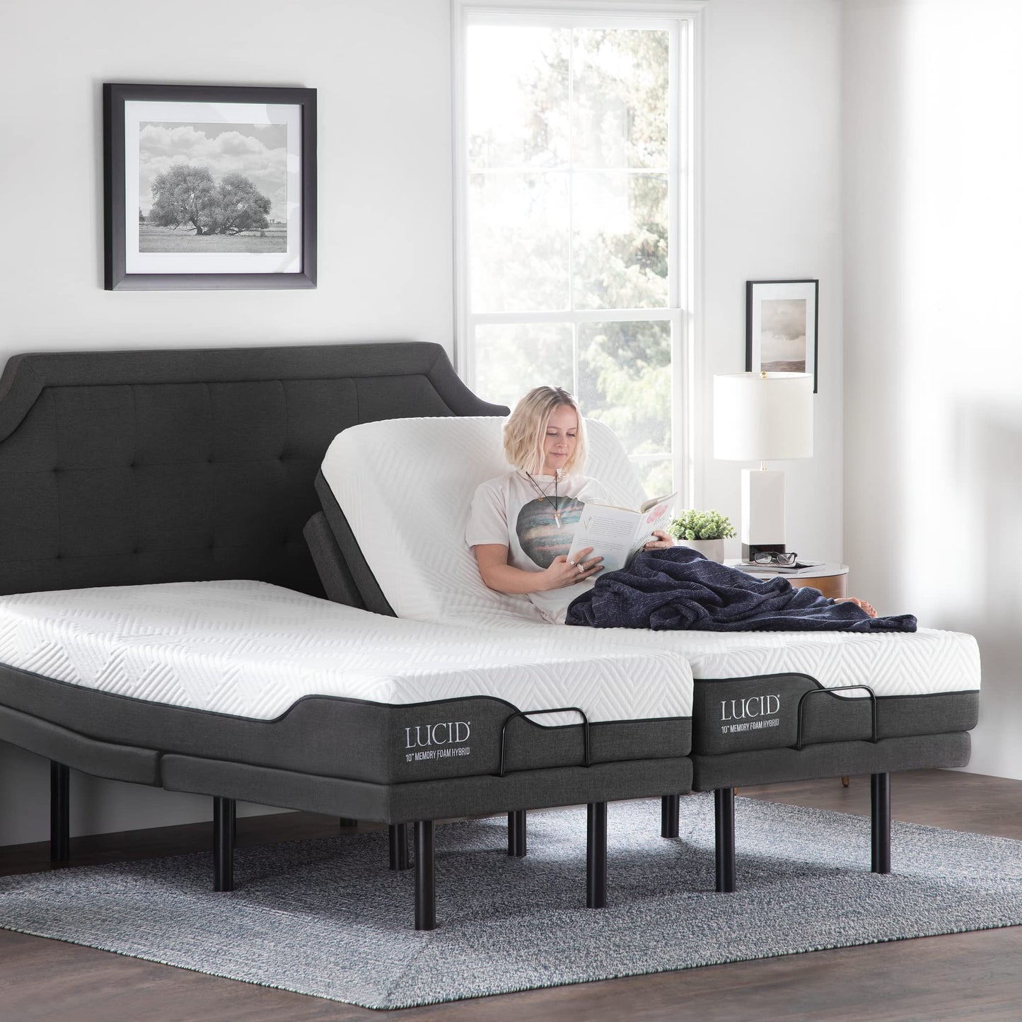 LUCID L300 Adjustable Bed Base with LUCID 12 Inch Memory Foam Hybrid Mattress - Split King