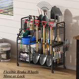 keomaisyto Garden Tool Organizer with Heavy Duty Wheels for Garage - with 2 Baskets, Large Yard Tool Organizer and Storage Holder, Utility Garden Tool Rack for/Shed/Garage/Yard/Basement/Lawn keomaisyto