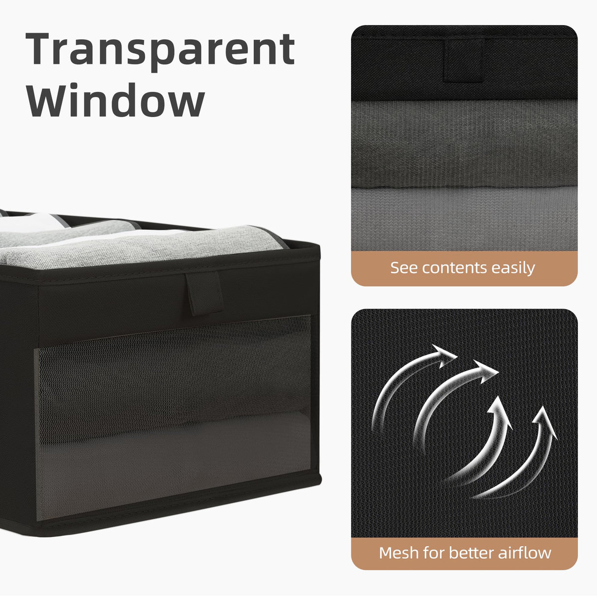 STORAGE MANIAC 6 Pack Storage Bins with Clear Window, Storage Boxes for Shelves, Sturdy Foldable Closet Organization Fabric Shelf Basket for Toy, Towel, Book, Jeans, Offices, Dorm, Wardrobe, Black STORAGE MANIAC
