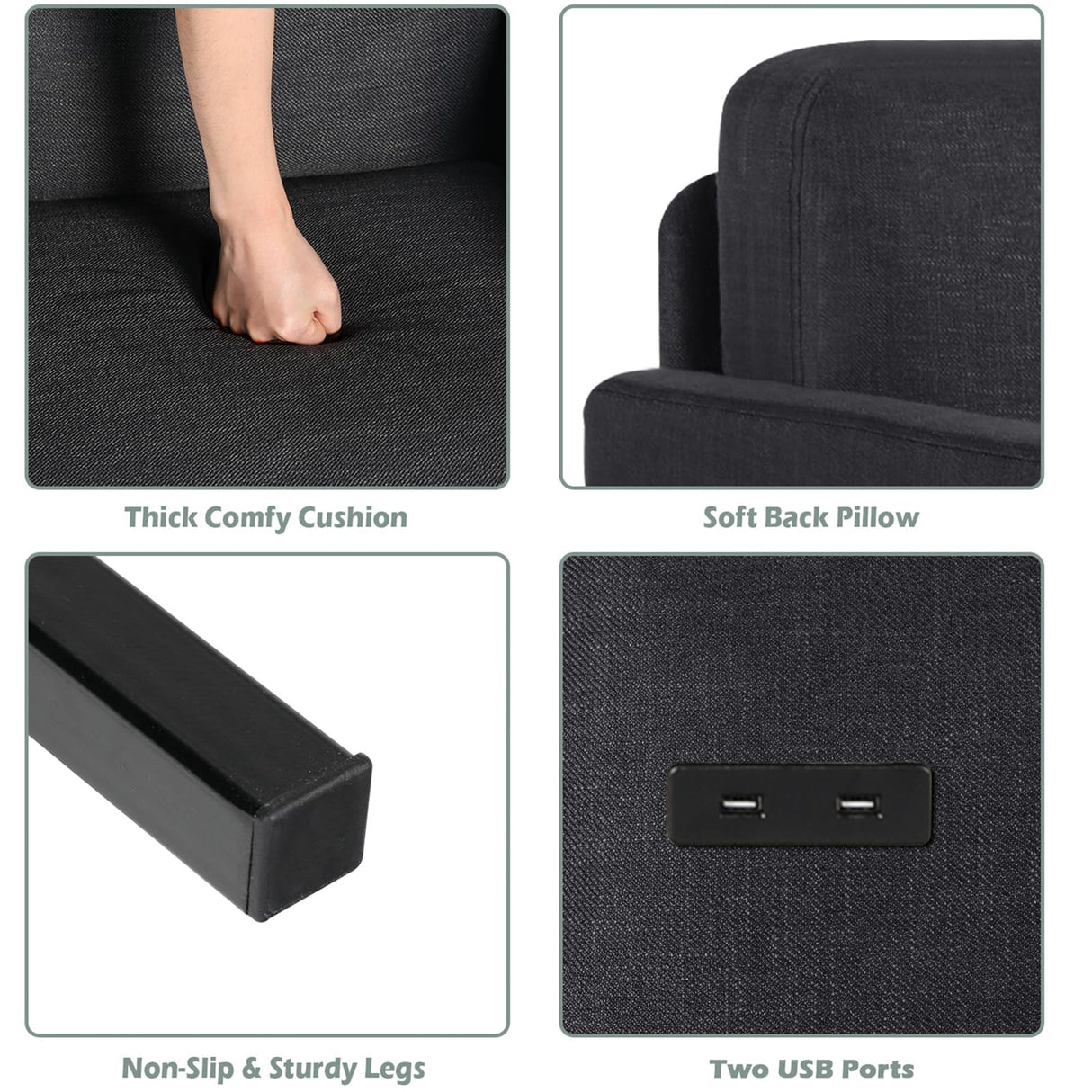 STHOUYN 3 Piece Living Room Furniture Sets, 3 Seat Couch and Loveseat with 2 USB, Single Sofa Accent Chair, Modern Small Couches for Small Spaces, Bedroom, Apartment (Dark Grey) STHOUYN