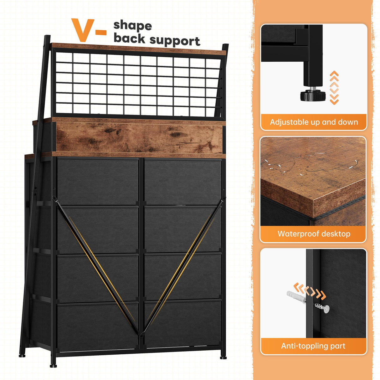 EnHomee Dresser for Bedroom with 11 Drawers Tall Dresser with LED Lights Fabric Chests of Drawers with Grid Wall Panel,3 Tier Shelves,Metal Frame,Closet,Study,Rustic Brown,33.9" Wx11.8 Dx51.2 H EnHomee