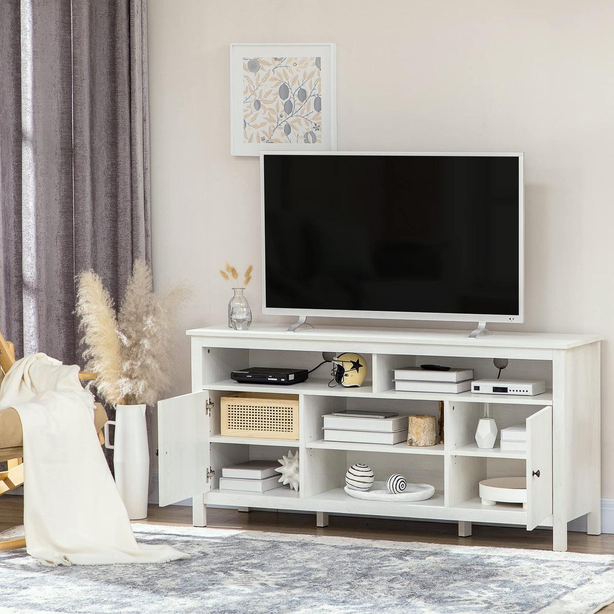 HOMCOM TV Stand for 65 Inch TVs, TV Cabinet with Wooden Shelves and Doors, Entertainment Center for Living Room, Bedroom, White HOMCOM