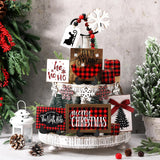 GlikCeil 20 Pcs Rustic Christmas Tiered Tray Decor Red and Black Buffalo Plaid Wooden Tiered Tray Decor for Farmhouse Christmas Winter Snowflake Wooden Table Centerpiece Sign Xmas Gift for Home Shelf GlikCeil
