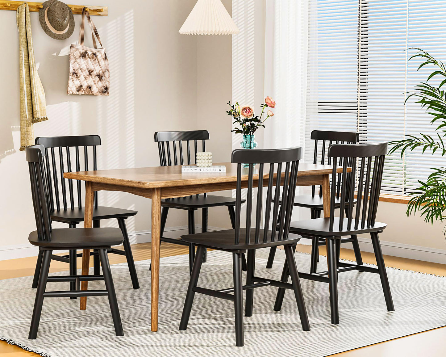 Saylike Dining Chairs Set of 4, Farmhouse Solid Wood Windsor Kitchen Chairs Set with Spindle Back for Restaurant Dining Room (4, Black, 17.3" W x 16.1" D x 34.6" H) - WoodArtSupply