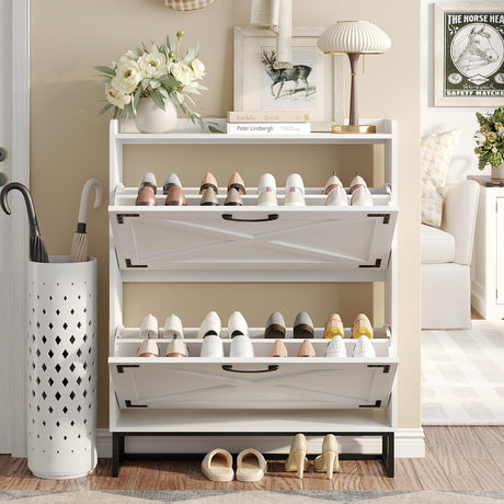 Maupvit Shoe Storage Cabinet with 2 Flip Drawers, Freestanding Organizer with Metal Legs for Entryway, Narrow Shoe Rack Cabinet, Black White Maupvit