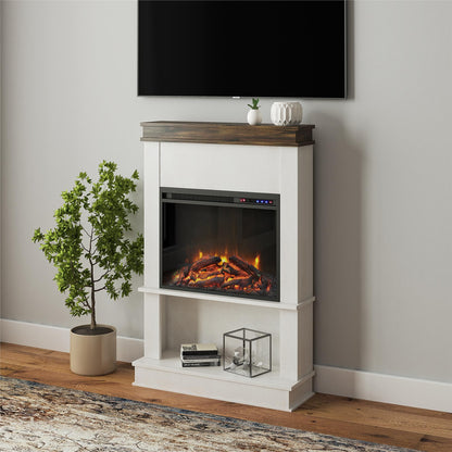 Ameriwood Home Mateo Electric Fireplace with Mantel & Open Shelf, 30", Ivory Oak