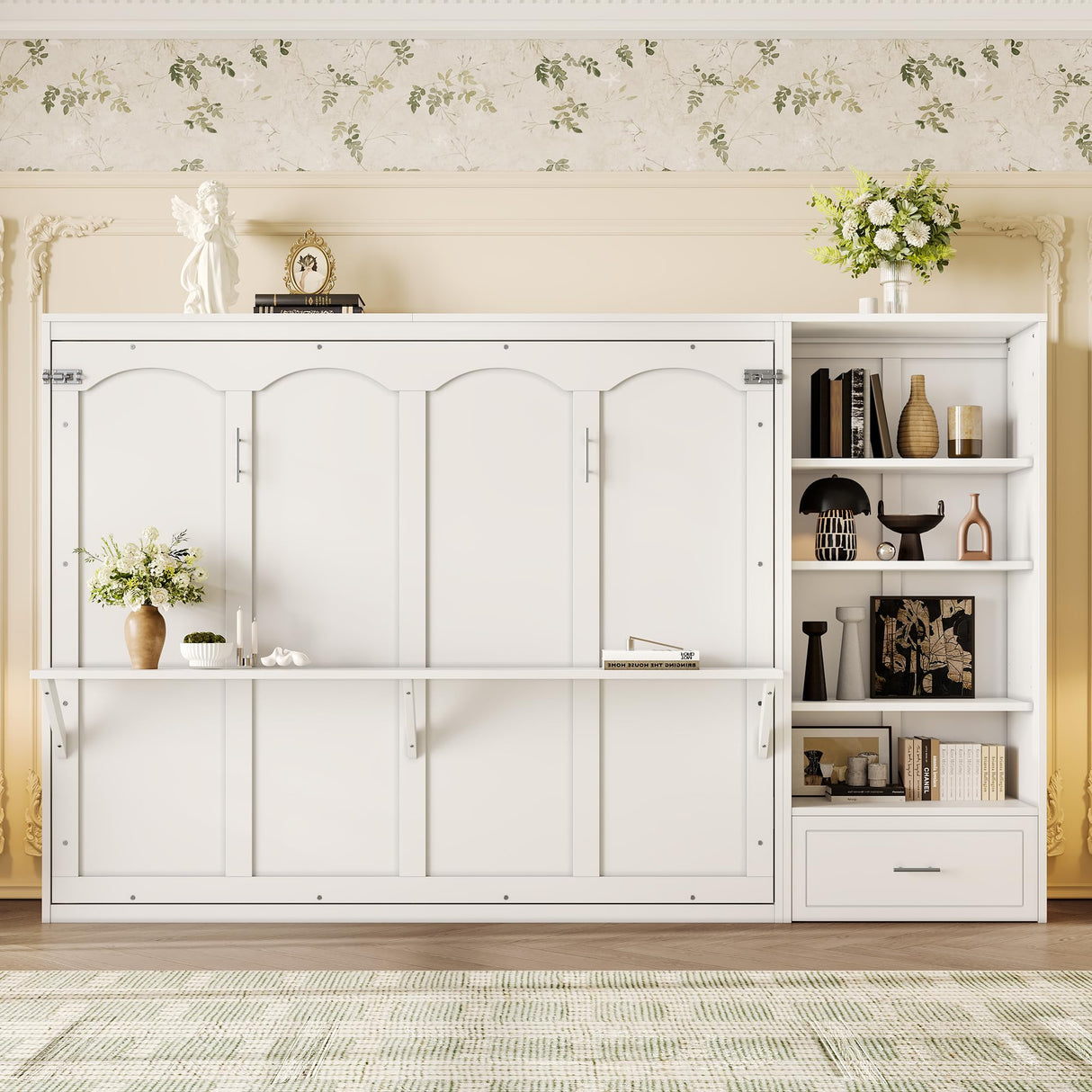 SOFTSEA Queen Horizontal Murphy Bed with Desk, Foldable Wall Bed Frame with Storage Drawers, Shelves & Movable Cabinets, Space-Saving Hideaway Murphy Bed for Small Space, White SOFTSEA