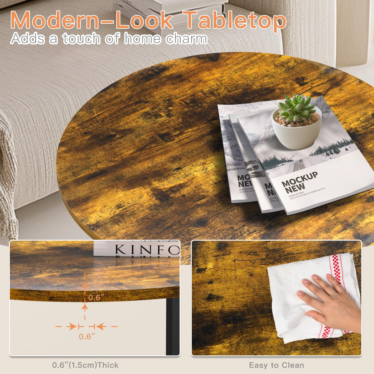 FAMIDGE Round Coffee Table, Small Coffee Tables for Living Room, Circle Coffee Table with Metal Frame, Floor Table Desk for Sitting on The Floor, Home, Office, Rustic Brown (23.6" D x 14.2" H) FAMIDGE