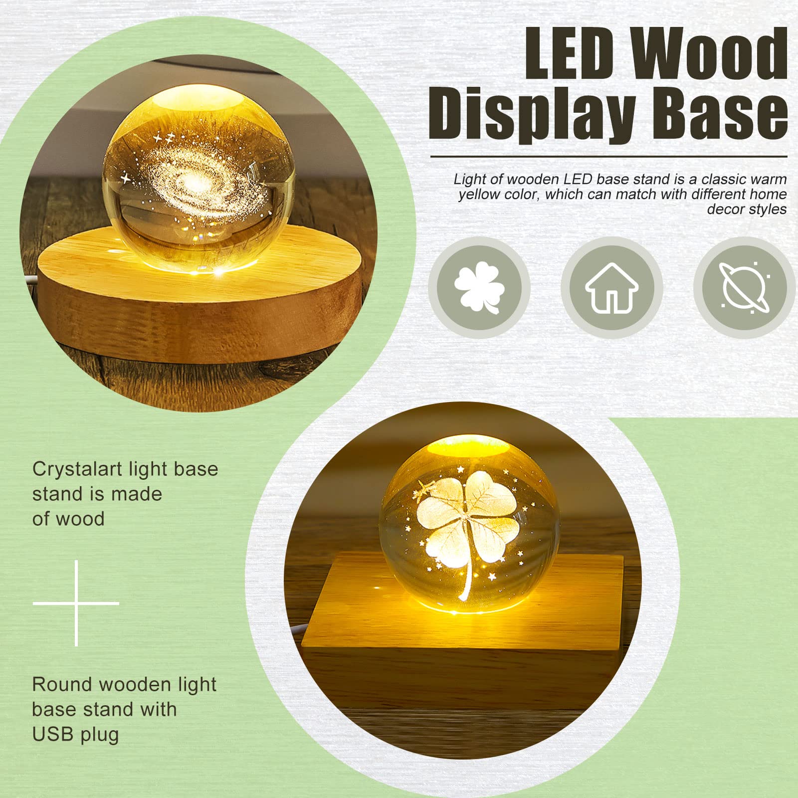 Honoson 8 Pcs Wooden LED Display Base Lighted Base for Crystal Art Wood Display Lighted Base for Glass Art LED Lighted Base for Display 3D Crystal Glass Warm Light (Round and Square Surface S - WoodArtSupply