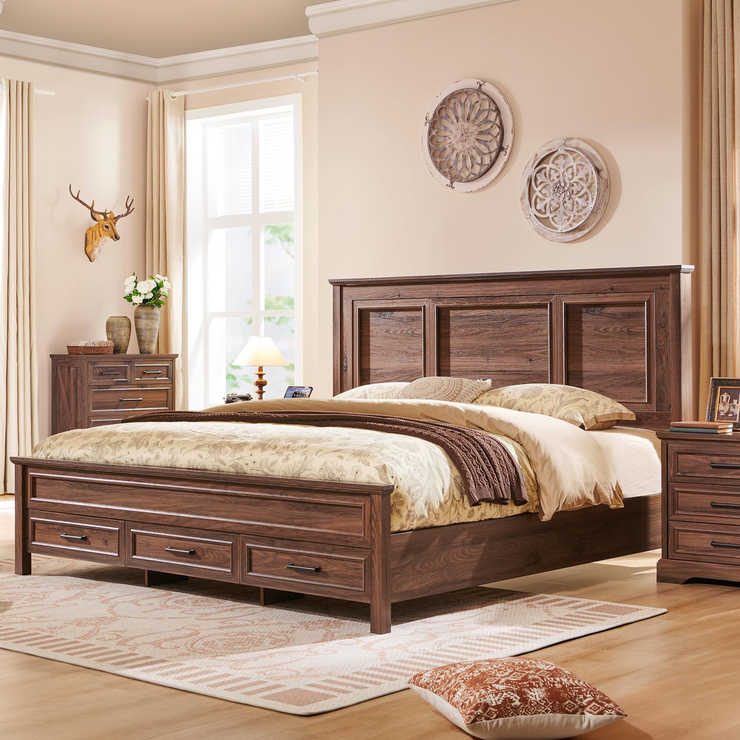 ACCOHOHO Rustic King Size Bed Frame with 52" Tall Headboard and Storage Drawers in Antique Brown - WoodArtSupply