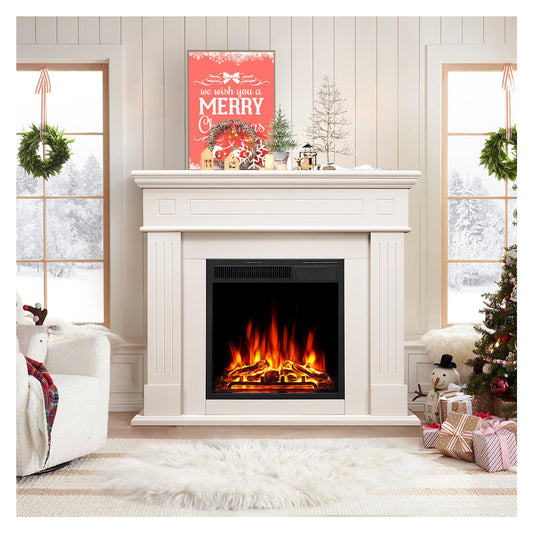 Electric Fireplace with Mantel Package Freestanding Fireplace Heater Corner Firebox with Log & Remote Control,750-1500W,Cream