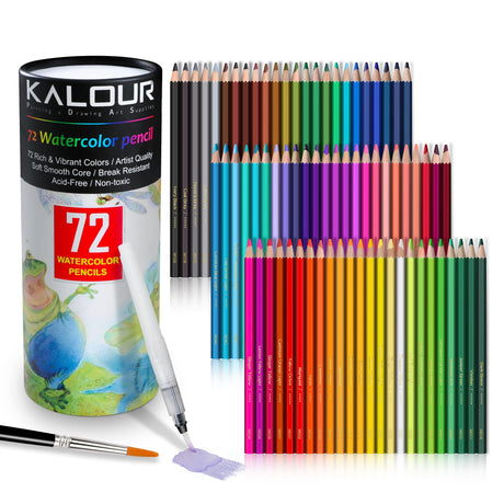 KALOUR 72-Color Professional Watercolor Pencils Set with Brush and Water Brush Pen, Hexagonal Shape, Blendable Wet or Dry, Water-Soluble Colored Pencils for Artists and Beginners KALOUR
