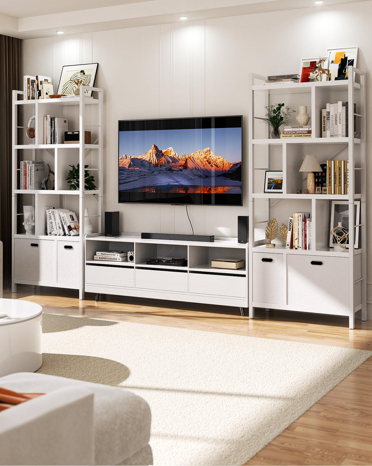 Armocity Bookshelf with Drawers - 5 Tier Tall Bookcase Geometric Modern Book Shelf Display Standing Bookshelves with Storage for Living Room, Bedroom Home Office, White Armocity