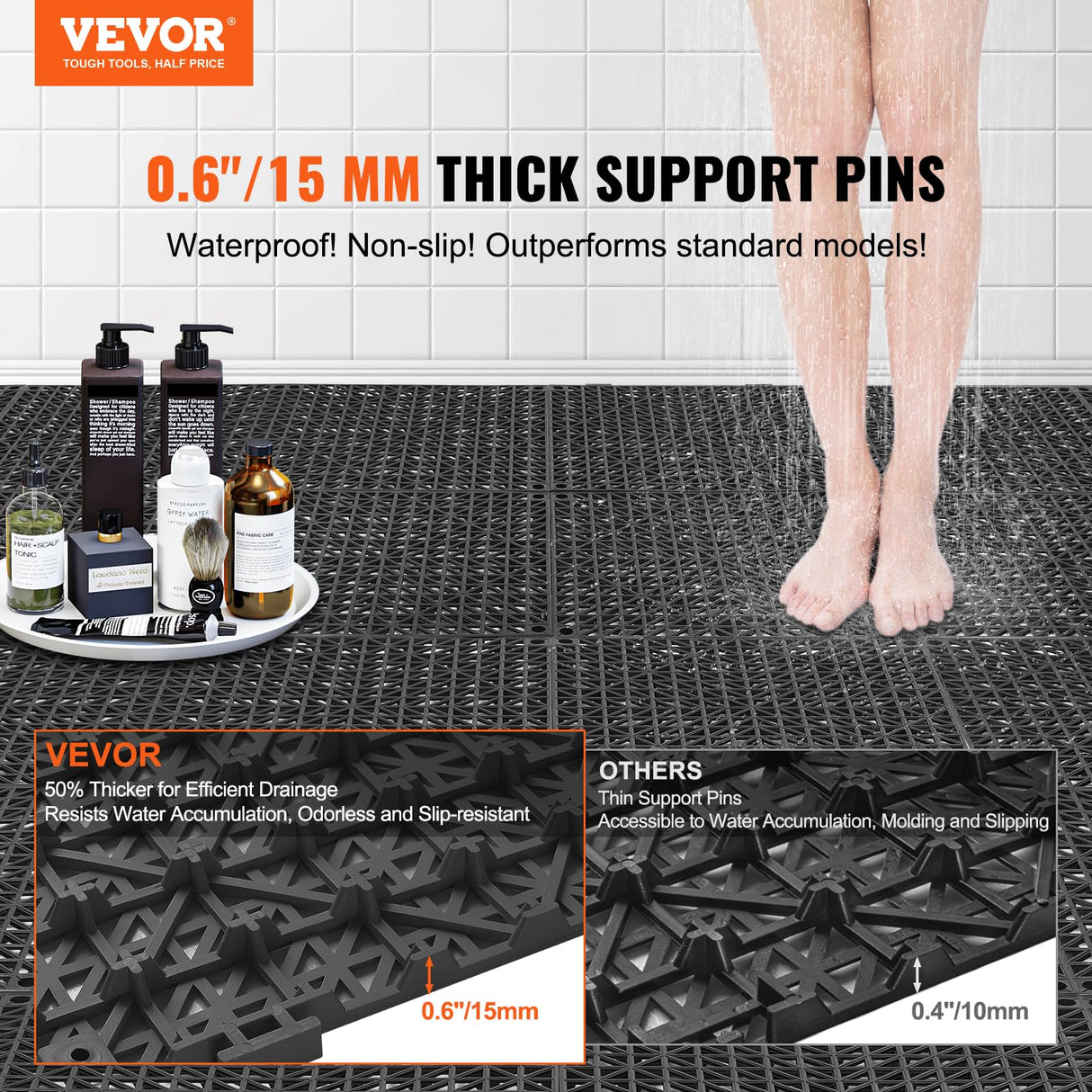 VEVOR Interlocking Tile 50PCS Black, Drainage Tiles 12" x 12" Splicing, Soft PVC Interlocking Drainage Floor Tiles, Non-Slip Drainage Holes for Restroom, Bathroom, Kitchen, Pool, Wet Areas VEVOR