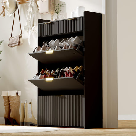 IDEALHOUSE Modern Black Shoe Cabinet with 3 Flip Drawers & 2 Small Drawers & Hook, Slim Fluted Shoe Storage Organizer, Narrow Entryway Cabinet for Apartment, Hallway, Entrance IDEALHOUSE