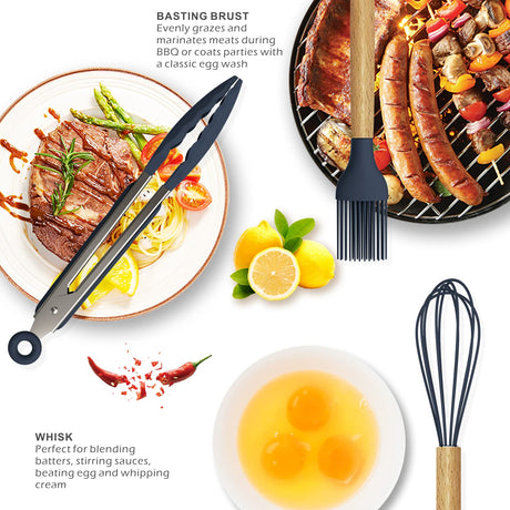 Silicone Cooking Utensils Set - 446°F Heat Resistant Silicone Kitchen Utensils for Cooking,Kitchen Utensil Spatula Set w Wooden Handles and Holder, BPA FREE Gadgets for Non-Stick Cookware (Navy Blue) oannao