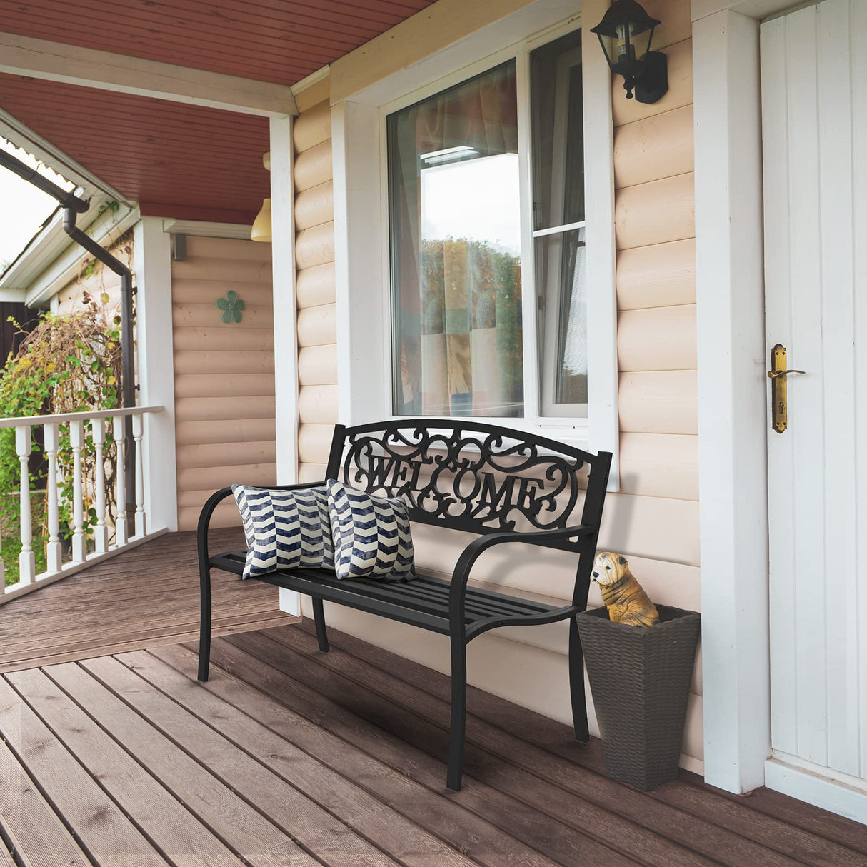 VINGLI Outdoor Bench with PVC Back Pattern, Metal Garden Bench Black Steel Welcome Bench for Patio, Porch, Deck, Yard, Lawn Decor Entryway VINGLI