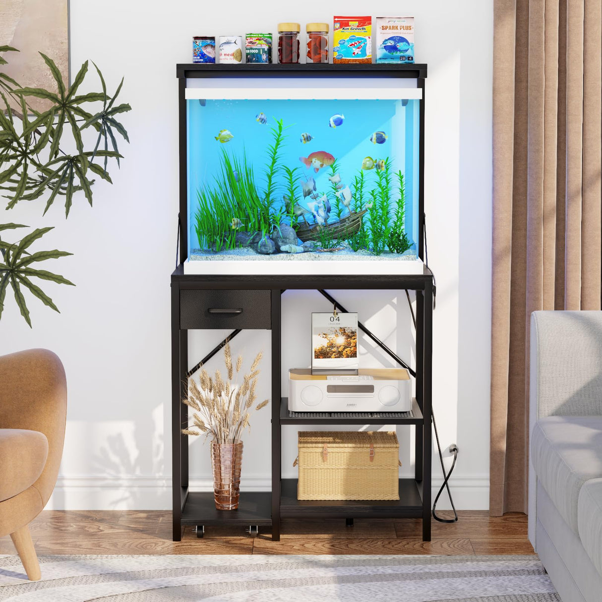 Korfile Large Aquarium Stand with Power Outlet, Tall 4 Tiers Fish Tank Stand with Storage Drawer, 400LBS Capacity Terrarium Stand with 4 Wheels, Reptile Tank for Accessories Storage, Black Korfile