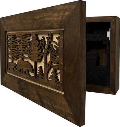 Hidden Gun Cabinet Bears In The Woods Wall Decoration - Secure Wall Mount Gun Safe by Bellewood Designs - WoodArtSupply