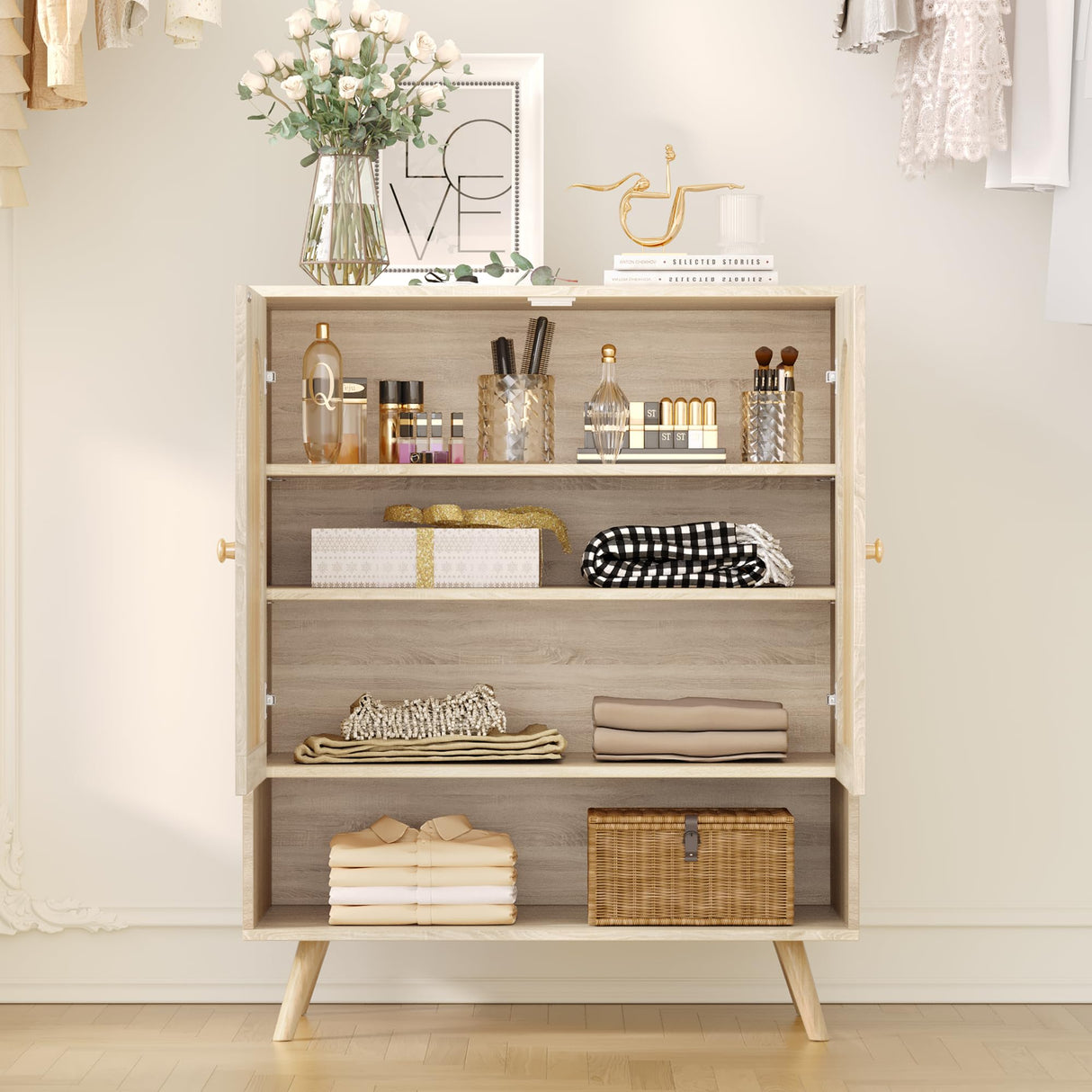 Rattan Shoe Cabinet, 4-Tier Shoe Storage Organizer Cabinet with Adjustable Shelf for Entryway, Freestanding Shoe Rack for Living Room, Entryway, Dining Room, Kitchen IDEALHOUSE