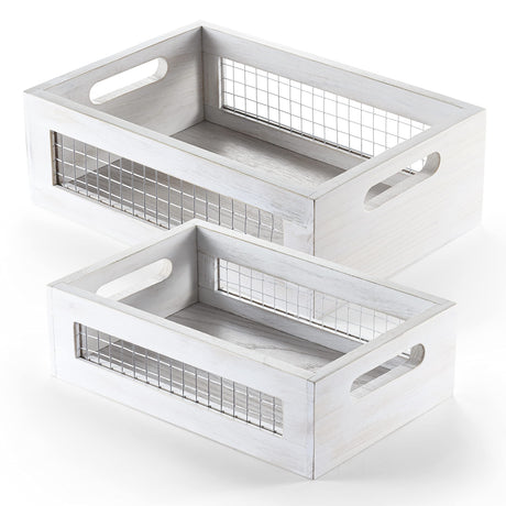 NAGAWOOD Wooden Countertop Baskets Set of 2 for Kitchen, Bathroom, Pantry|Wall Mount Upgrade with Full Accessories| Rustic Nesting Boxes|Wooden Organizer Crates for Fruit, Vegetables, Produce, Bread NAGAWOOD