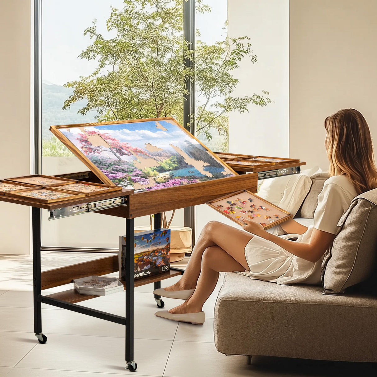 Becko US 2 in 1 Jigsaw Puzzle Table with 8 Sorting Trays, Foldaway & 3 Tilted Angle for Adjusted Height, Universal Wheels for Moves, Shelf Rack for Storage, 30 * 20.1 in for Puzzles Up to 1000 Pieces Becko US